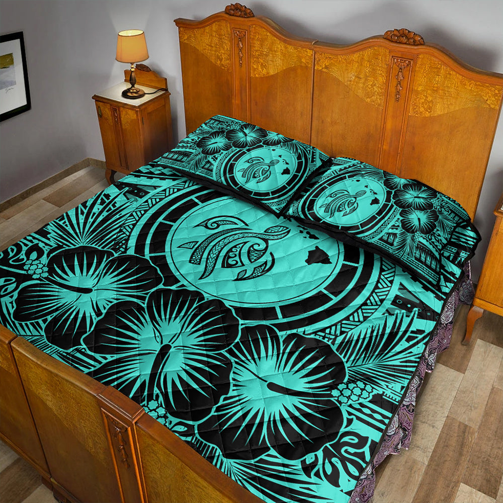 Hawaii Quilt Bed Set Map Honu Hibiscus Polynesian Turquoise