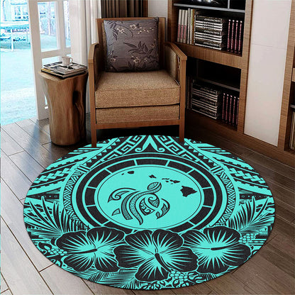 Hawaii Round Rug Map Honu Hibiscus Polynesian Turquoise