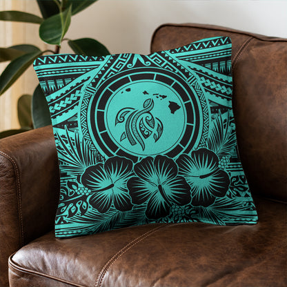 Hawaii Pillow Cover Map Honu Hibiscus Polynesian Turquoise