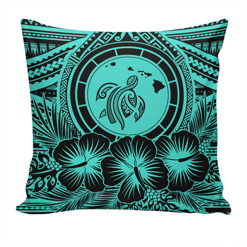 Hawaii Pillow Cover Map Honu Hibiscus Polynesian Turquoise