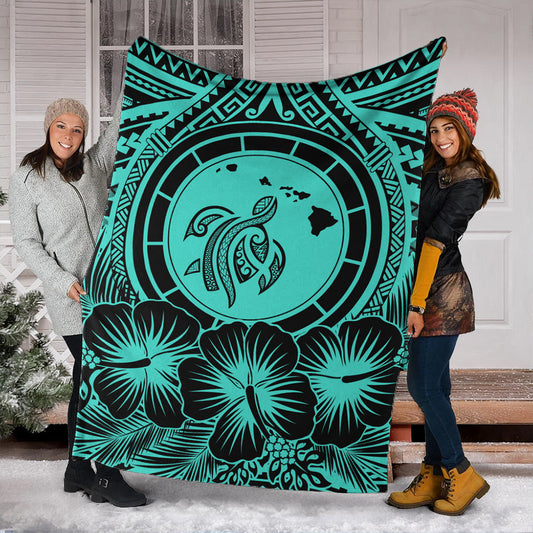 Hawaii Premium Blanket Map Honu Hibiscus Polynesian Turquoise