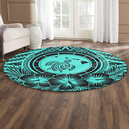 Hawaii Round Rug Map Honu Hibiscus Polynesian Turquoise