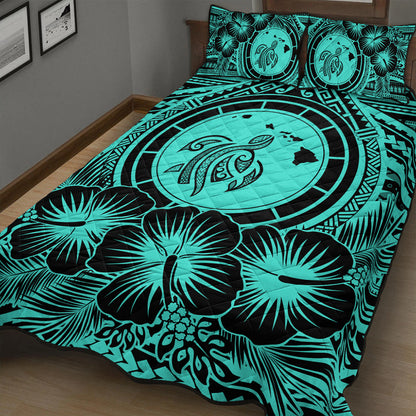 Hawaii Quilt Bed Set Map Honu Hibiscus Polynesian Turquoise
