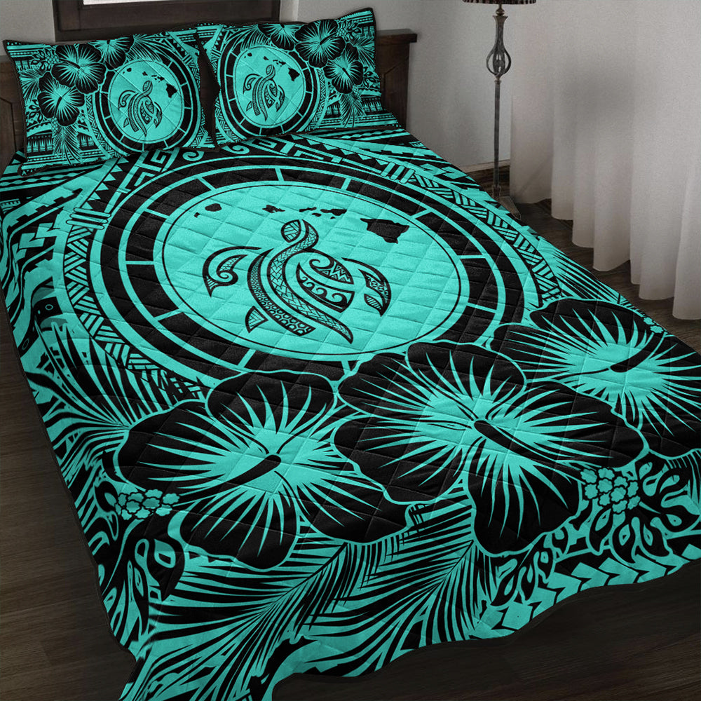 Hawaii Quilt Bed Set Map Honu Hibiscus Polynesian Turquoise
