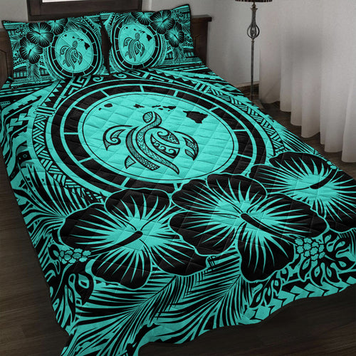 Hawaii Quilt Bed Set Map Honu Hibiscus Polynesian Turquoise