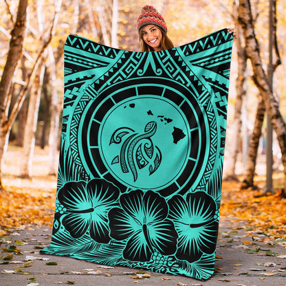 Hawaii Premium Blanket Map Honu Hibiscus Polynesian Turquoise