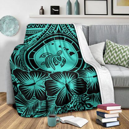 Hawaii Premium Blanket Map Honu Hibiscus Polynesian Turquoise