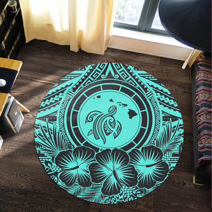 Hawaii Round Rug Map Honu Hibiscus Polynesian Turquoise