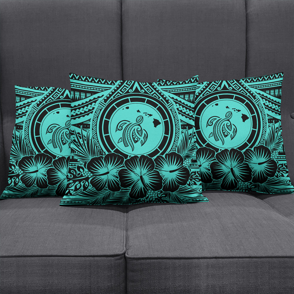 Hawaii Pillow Cover Map Honu Hibiscus Polynesian Turquoise