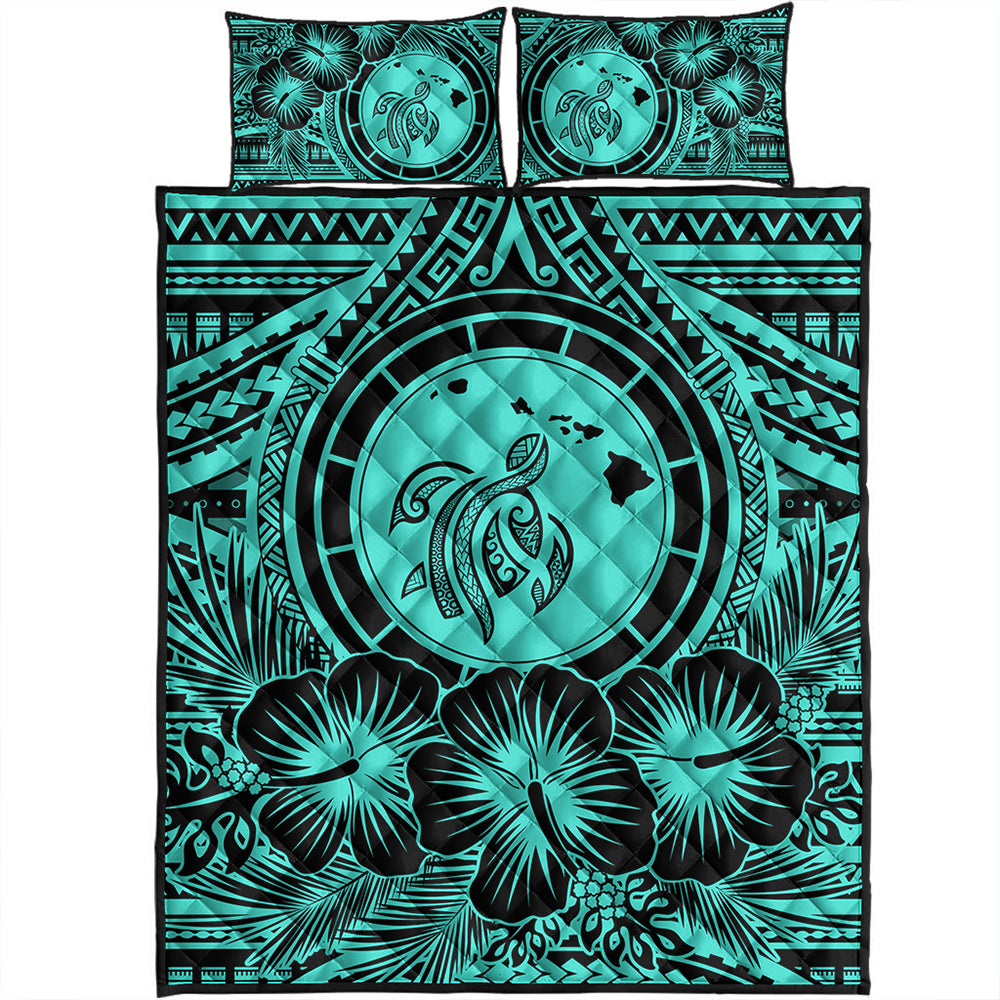 Hawaii Quilt Bed Set Map Honu Hibiscus Polynesian Turquoise