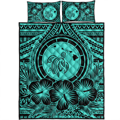 Hawaii Quilt Bed Set Map Honu Hibiscus Polynesian Turquoise