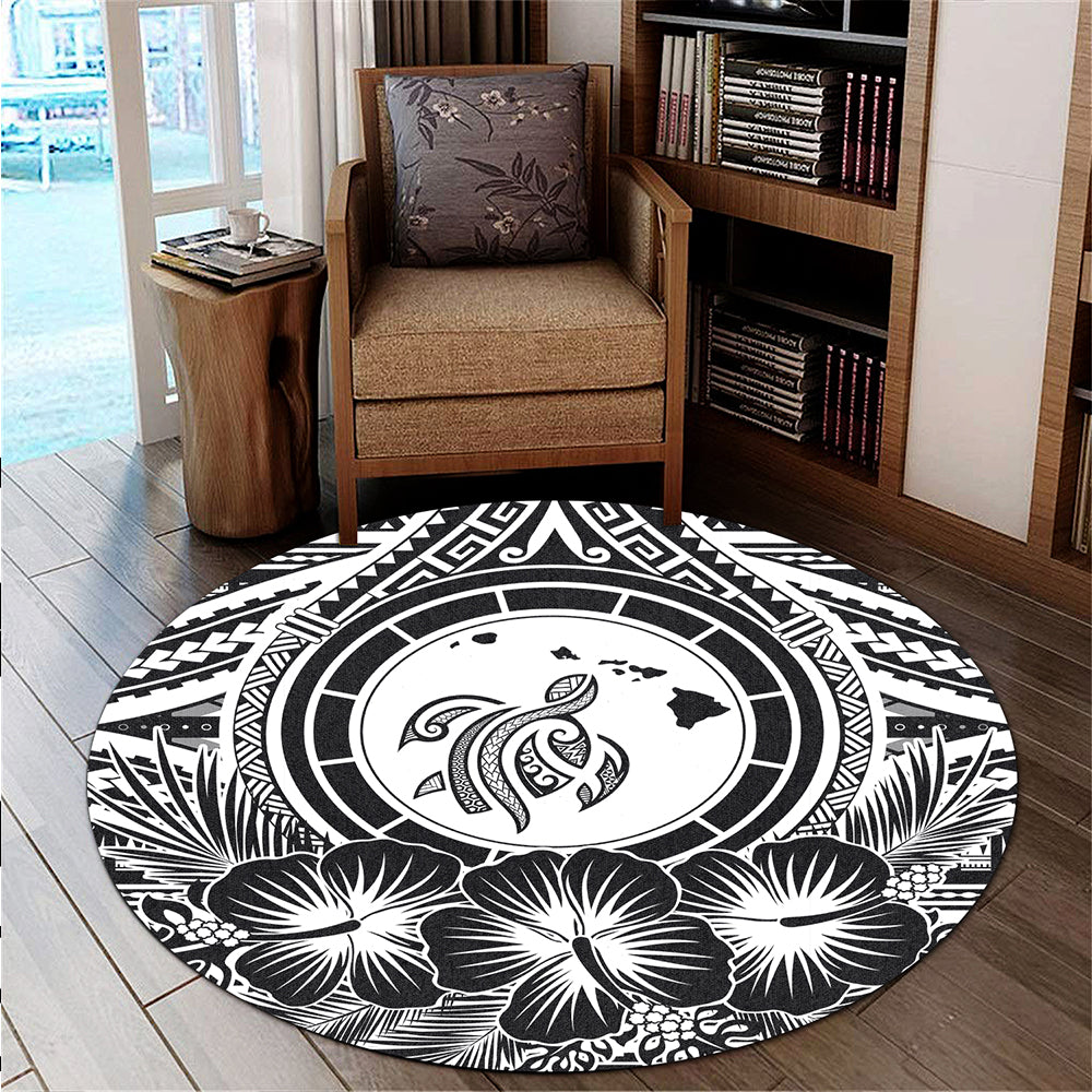 Hawaii Round Rug Map Honu Hibiscus Polynesian White