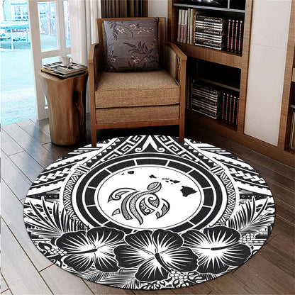 Hawaii Round Rug Map Honu Hibiscus Polynesian White