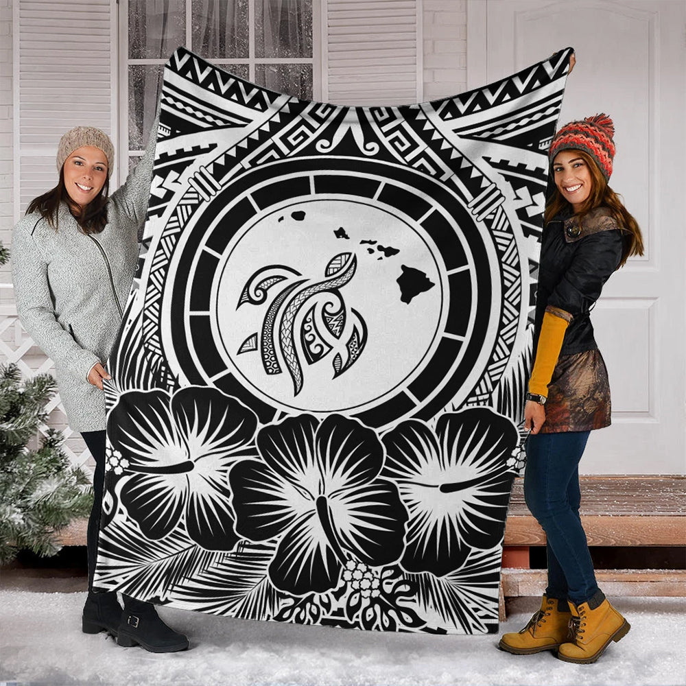 Hawaii Premium Blanket Map Honu Hibiscus Polynesian White