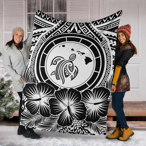 Hawaii Premium Blanket Map Honu Hibiscus Polynesian White