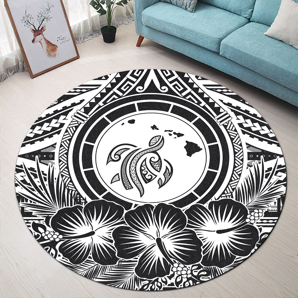 Hawaii Round Rug Map Honu Hibiscus Polynesian White