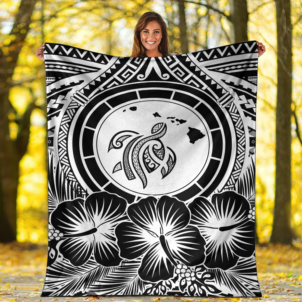Hawaii Premium Blanket Map Honu Hibiscus Polynesian White