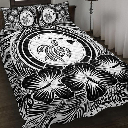 Hawaii Quilt Bed Set Map Honu Hibiscus Polynesian White