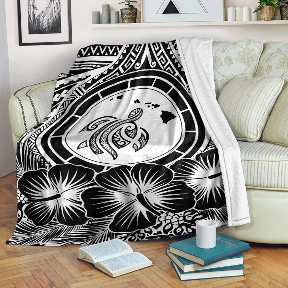 Hawaii Premium Blanket Map Honu Hibiscus Polynesian White