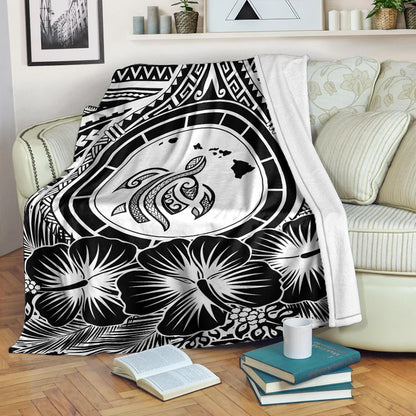 Hawaii Premium Blanket Map Honu Hibiscus Polynesian White