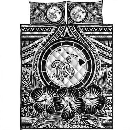 Hawaii Quilt Bed Set Map Honu Hibiscus Polynesian White