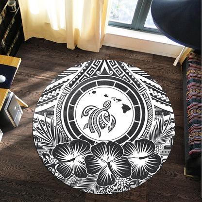 Hawaii Round Rug Map Honu Hibiscus Polynesian White