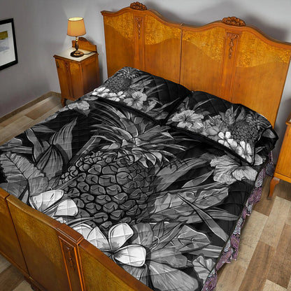 Hawaii Quilt Bed Set Pineapple Hibiscus Black And White