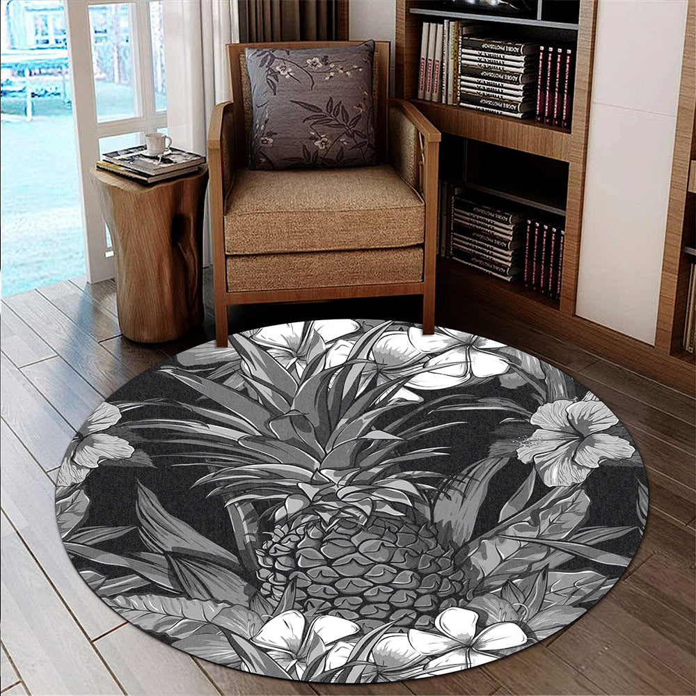 Hawaii Round Rug Pineapple Hibiscus Black And White