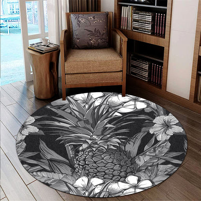 Hawaii Round Rug Pineapple Hibiscus Black And White