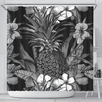 Hawaii Shower Curtain Pineapple Hibiscus Black And White