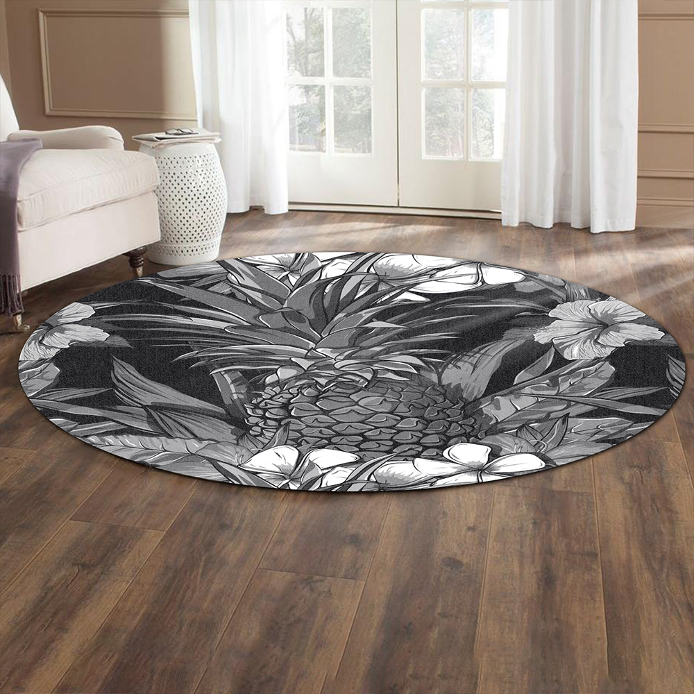 Hawaii Round Rug Pineapple Hibiscus Black And White