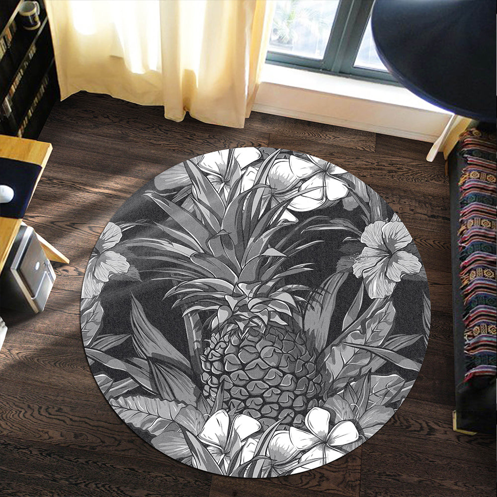 Hawaii Round Rug Pineapple Hibiscus Black And White