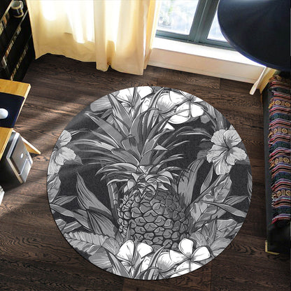 Hawaii Round Rug Pineapple Hibiscus Black And White