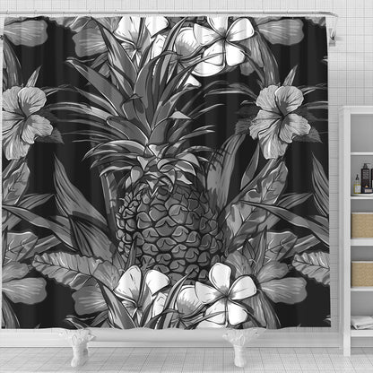 Hawaii Shower Curtain Pineapple Hibiscus Black And White