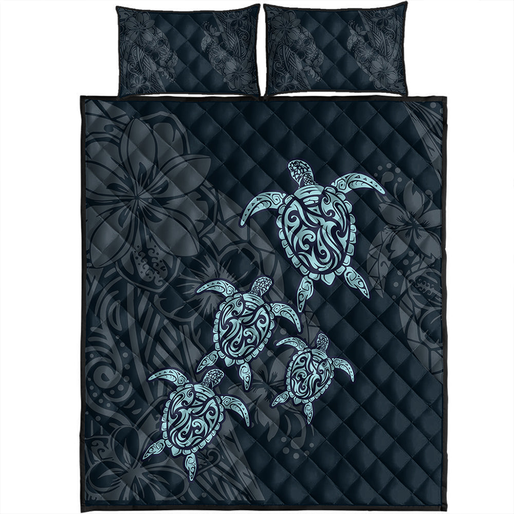 Hawaii Quilt Bed Set Plumeria Polynesian Deep Sea Turtle