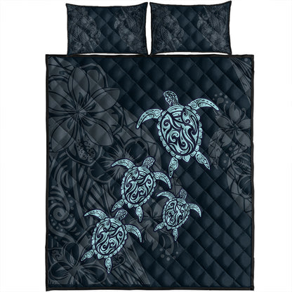Hawaii Quilt Bed Set Plumeria Polynesian Deep Sea Turtle