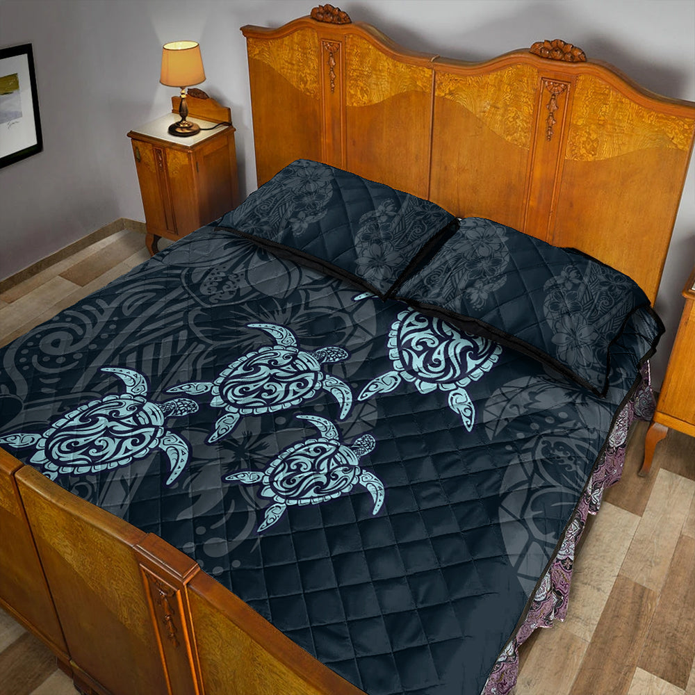 Hawaii Quilt Bed Set Plumeria Polynesian Deep Sea Turtle