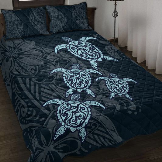 Hawaii Quilt Bed Set Plumeria Polynesian Deep Sea Turtle