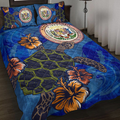 Hawaii Quilt Bed Set Seal Hibiscus Ocean Pin Light Turtle Sea