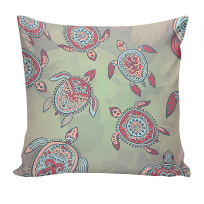 Hawaii Pillow Cover Turtle Colorful Hibiscus Background