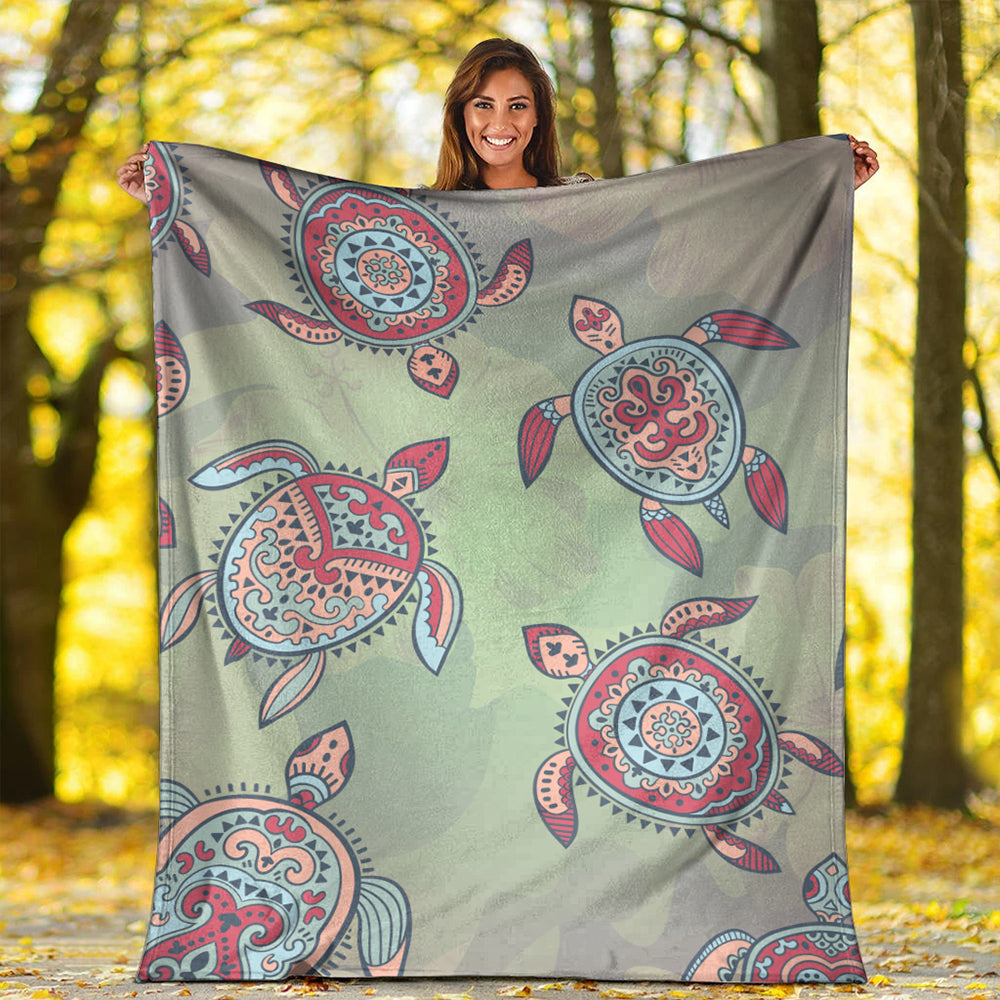 Hawaii Premium Blanket Turtle Colorful Hibiscus Background