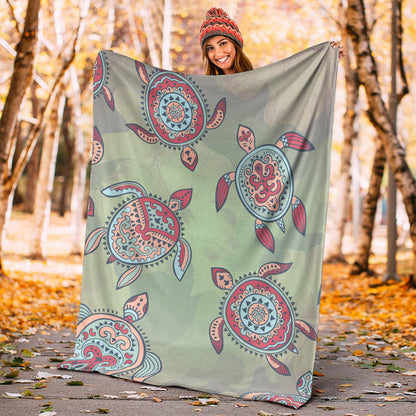 Hawaii Premium Blanket Turtle Colorful Hibiscus Background