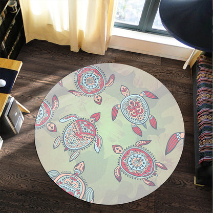 Hawaii Round Rug Turtle Colorful Hibiscus Background