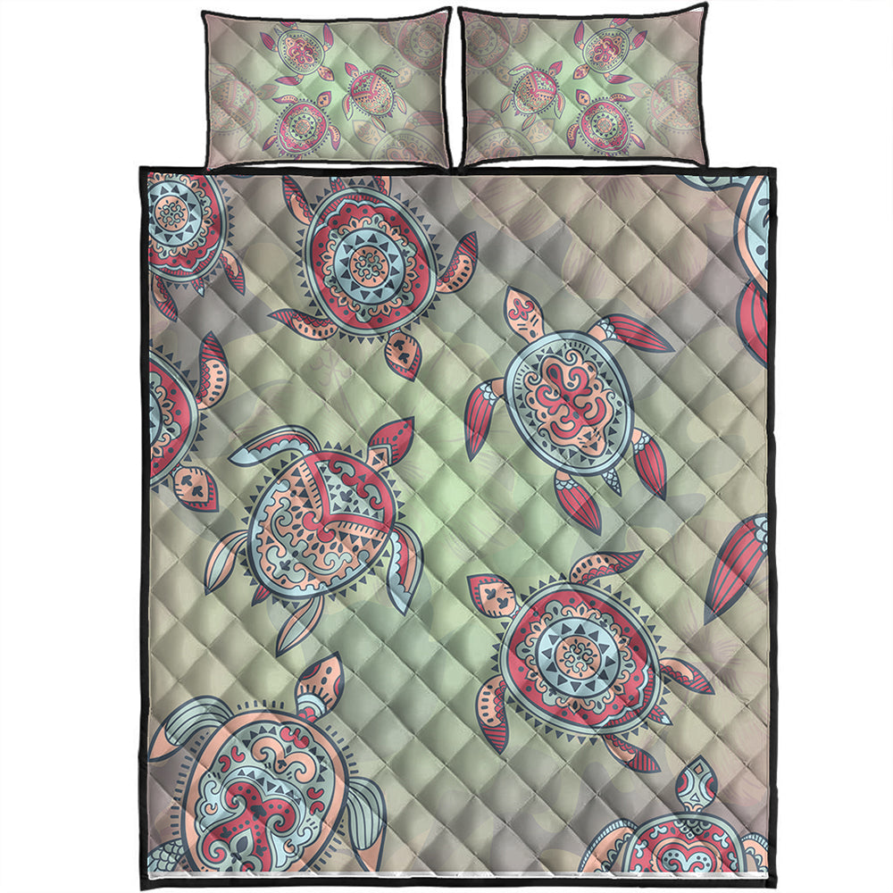Hawaii Quilt Bed Set Turtle Colorful Hibiscus Background