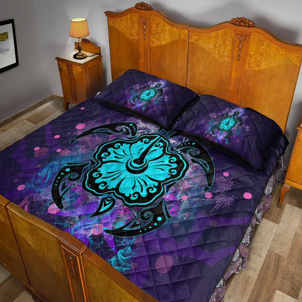 Hawaii Quilt Bed Set Turtle Hibiscus Galaxy Violet