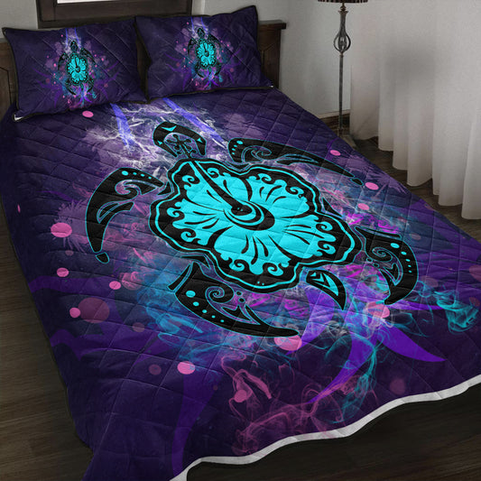 Hawaii Quilt Bed Set Turtle Hibiscus Galaxy Violet