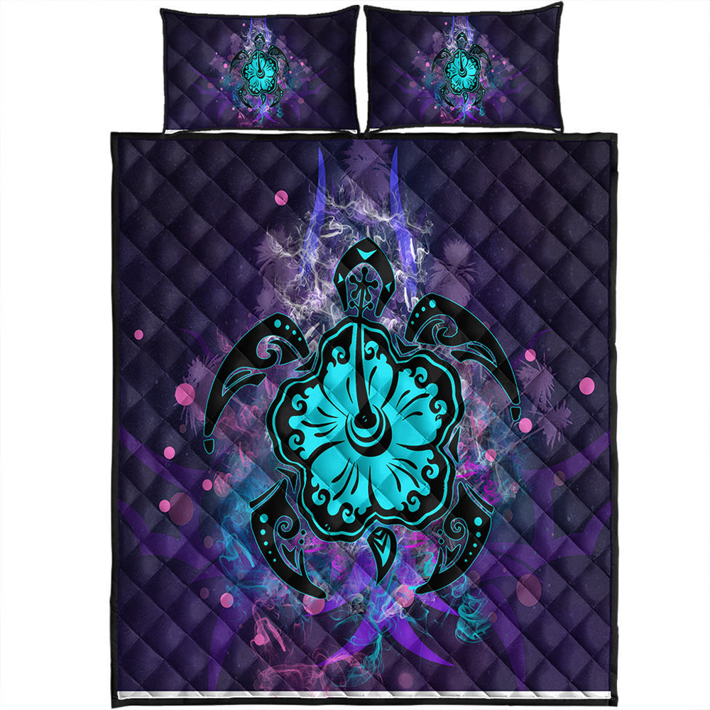 Hawaii Quilt Bed Set Turtle Hibiscus Galaxy Violet