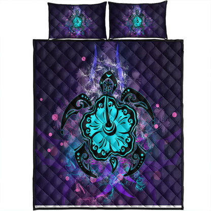 Hawaii Quilt Bed Set Turtle Hibiscus Galaxy Violet