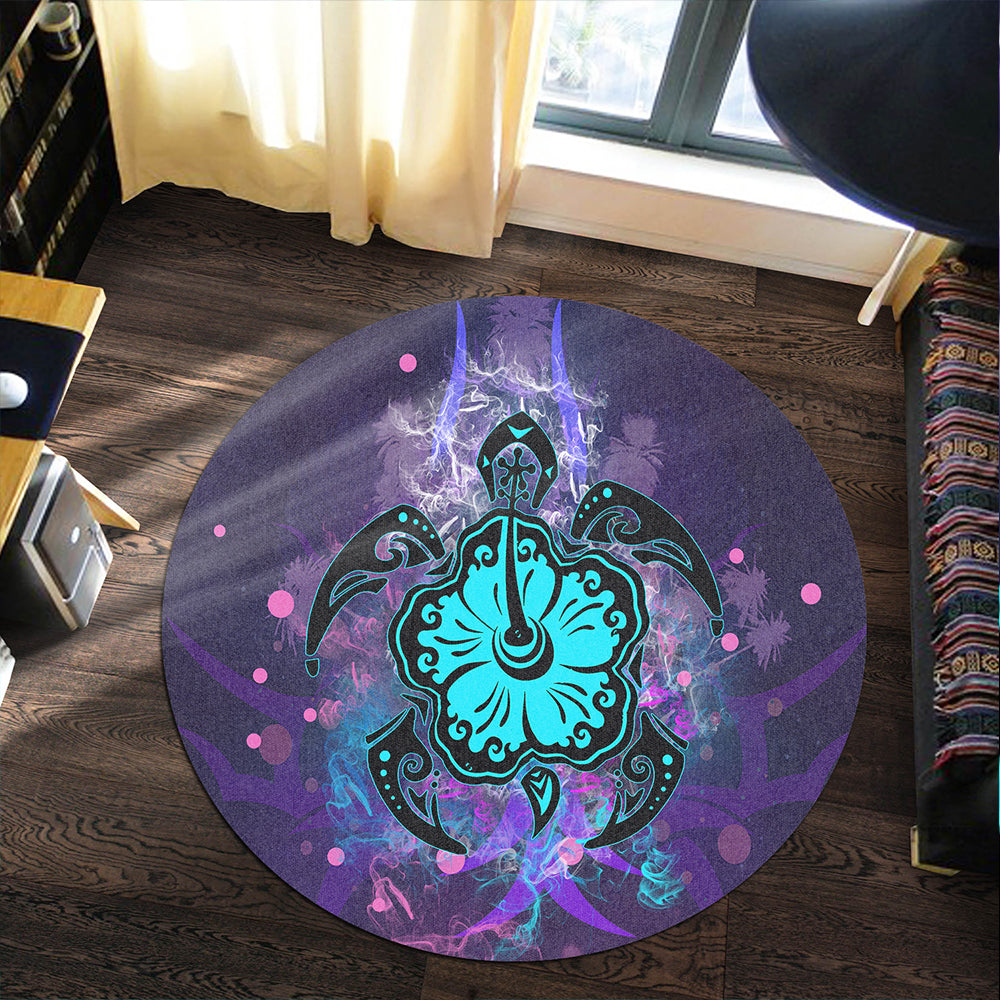 Hawaii Round Rug Turtle Hibiscus Galaxy Violet