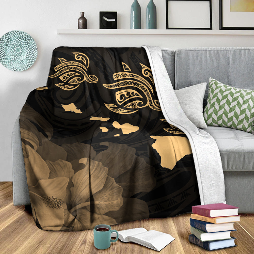 Hawaii Premium Blanket Turtle Hibiscus Map Polynesian Family Gold